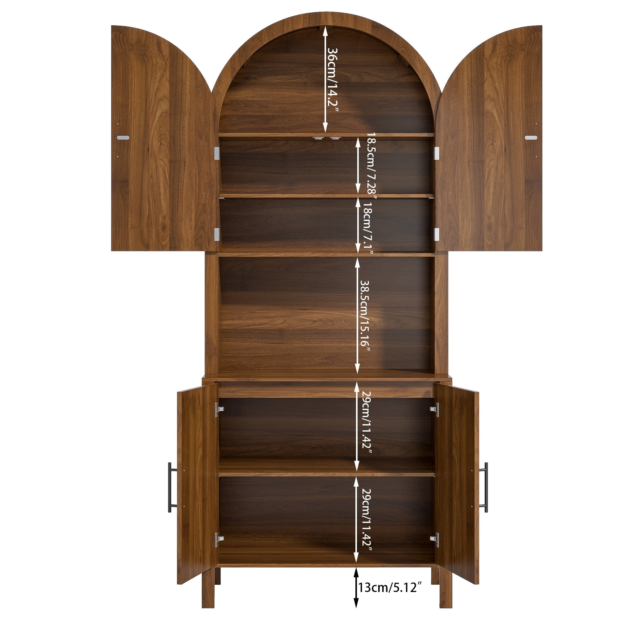 Oubayajia 75.8" Tall Arched Kitchen Pantry Storage Cabinets with Fluted Doors and Adjustable Shelves, Freestanding Cupboard for Kitchen, Dining Room and Living Room, Walnut