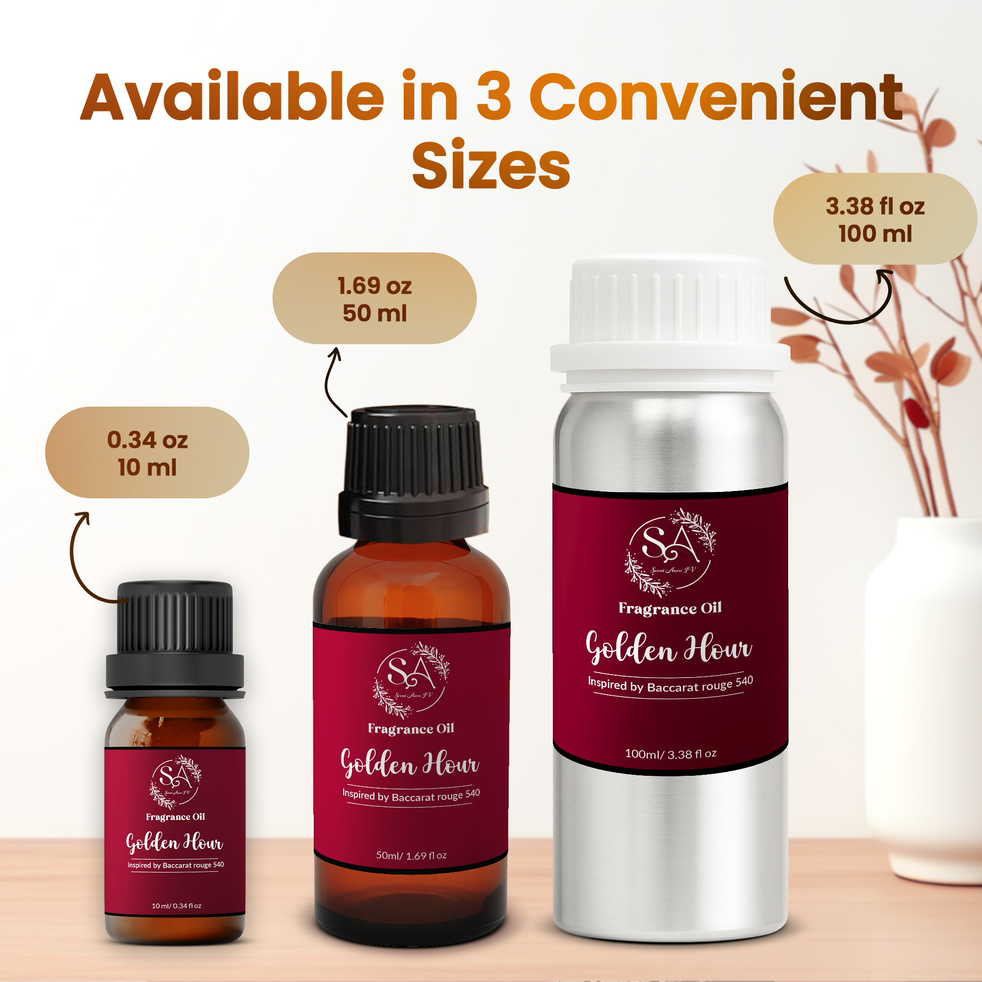 Scent Aura IV Golden Hour Fragrance Oil Inspired by Baccarat Rouge (3.38 Fl Oz|100ml, Hotel Diffuser Oil|Scent Notes:Saffron,Jasmine, Amberwood,Ambergris,Fir,Cedar)