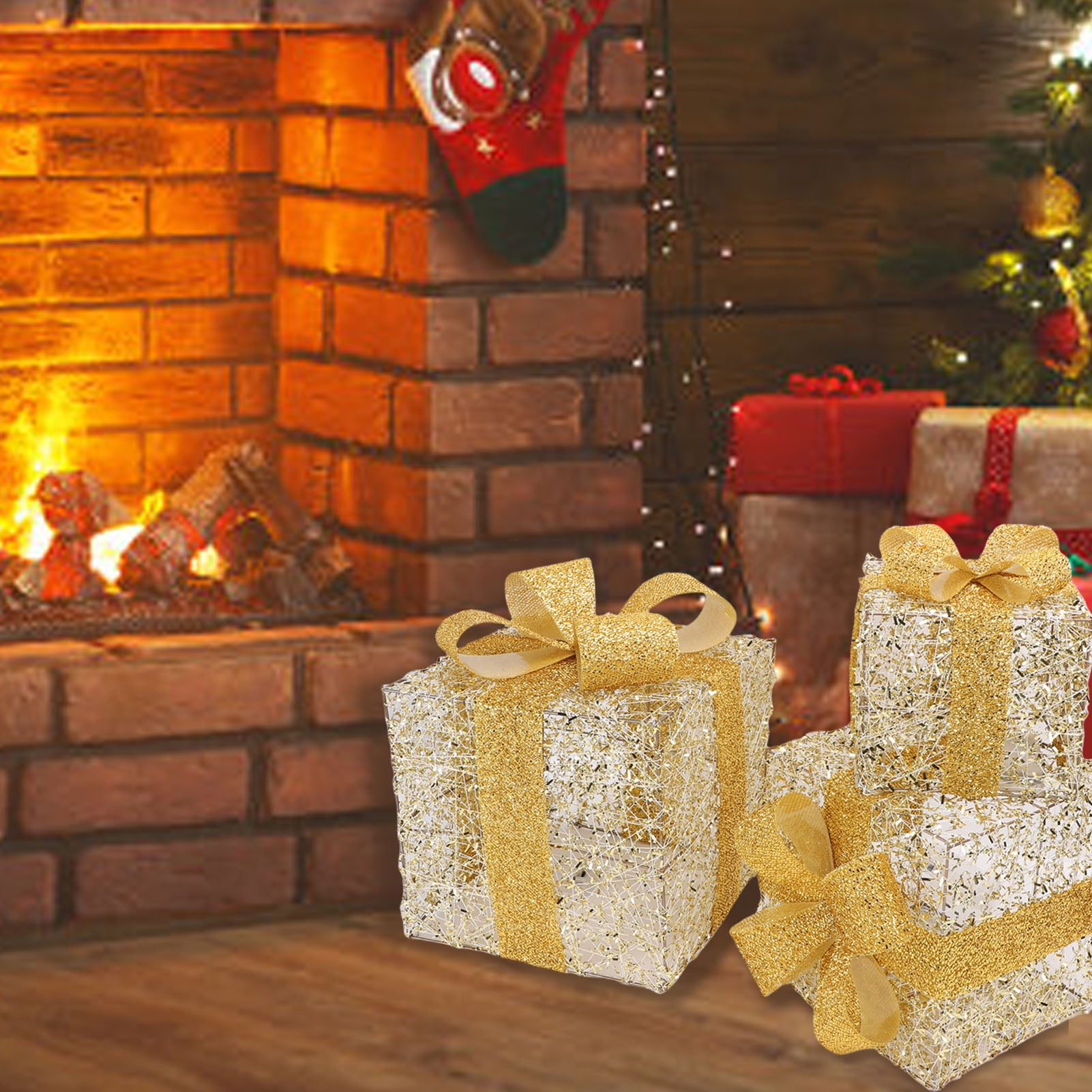 3-Piece Lighted Gold Iron Christmas Gift Box Decor - Battery-Powered String Light Xmas Present Boxes with Sequin Bow for Tree Skirt Yard Porch Holiday Decor