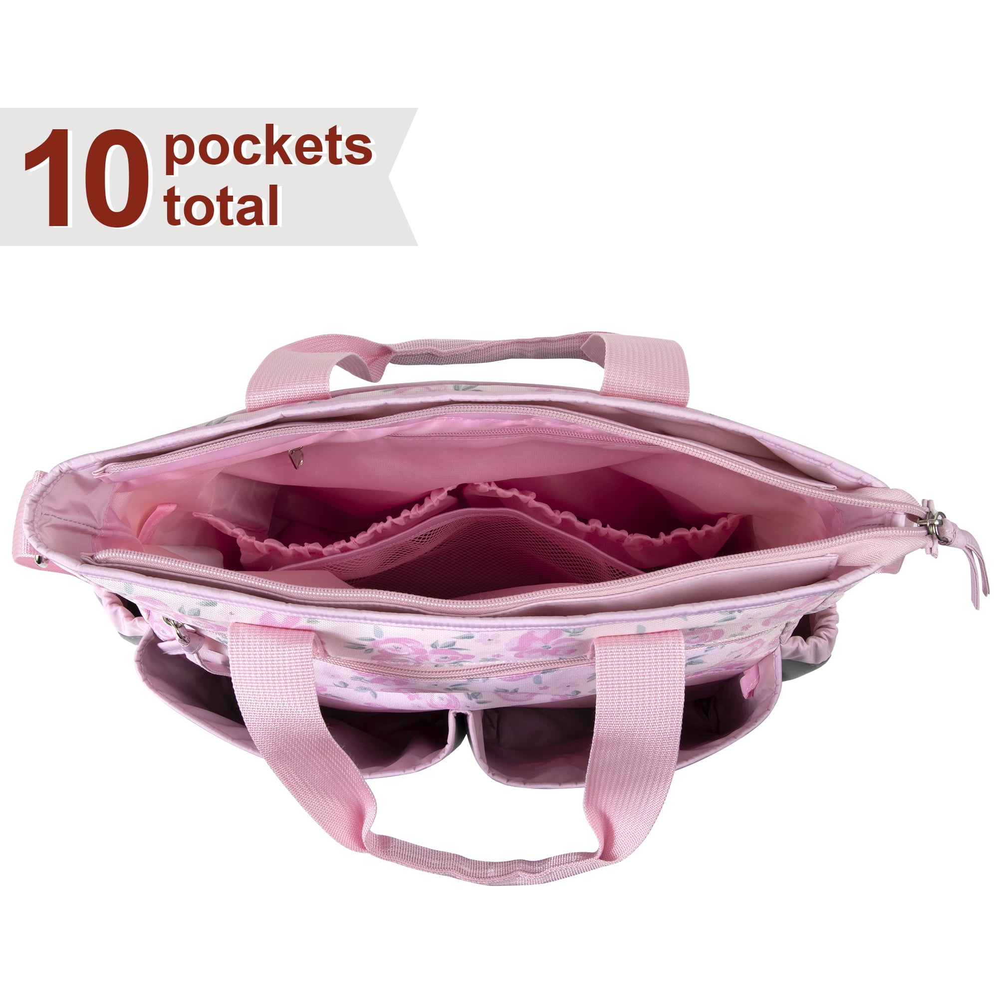 Baby Essentials Floral Crossbody Diaper Bag with Changing Pad & Pacifier Pouch, Pink & Gray, 3-Piece