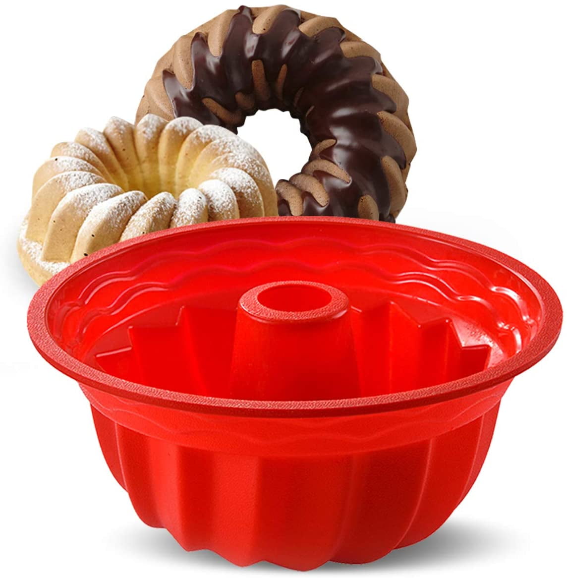 ZEMSY Silicone Bundt Cake Pan, European Grade Non Stick Round Bakeware  Fluted Tube Cake Mold For Jello, Gelatin, Bread, Bundt Cake, Candy, 8.5-9.4