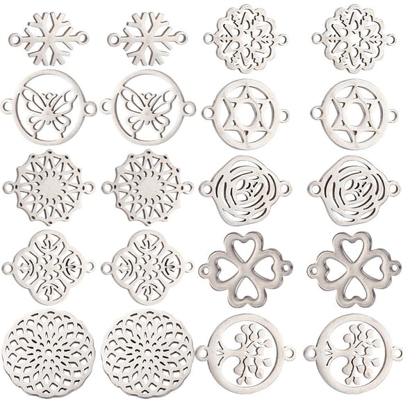 1 Boîte 20 Pcs Connecteurs Breloques Connecteurs en Acier Inoxydable Breloque Flocon de Neige de Noël Breloque Fleurs de Rose Arbre de Vie Breloque Plate Ronde Trèfle à Quatre Feuilles Breloques de Liaison pour Fabrication de Bijoux Breloques