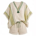 thumbnail image 7 of TGPMGRZ Women's 2026 Summer Boho 2 Piece Linen Vacation Outfits Loose V Neck Top Elastic Waist Casual Shorts Matching Set, 7 of 7