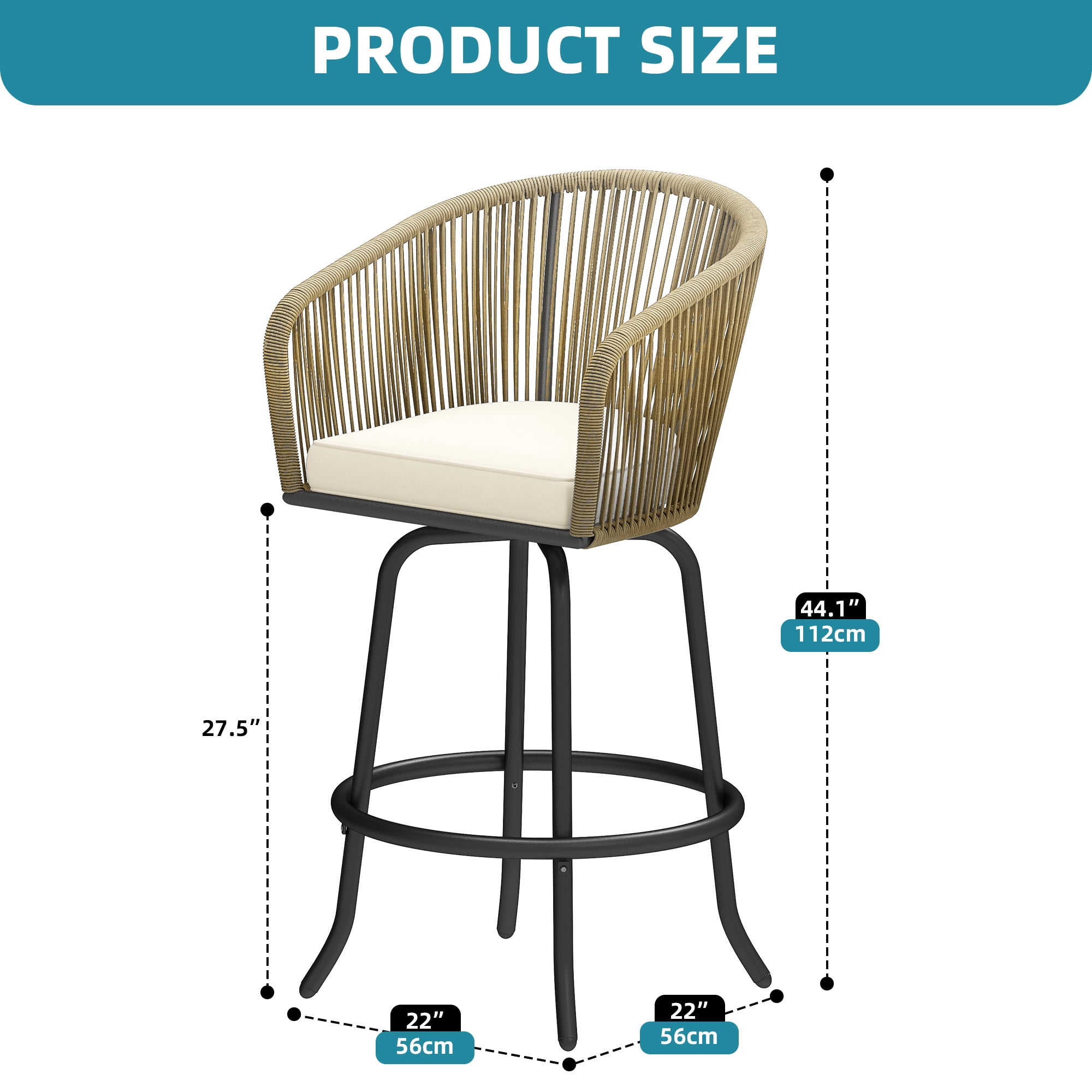 Uforic Set of 2 Beige 360° Swivel Outdoor Bar Stools, Woven Patio Chairs with Cushions & Footrests