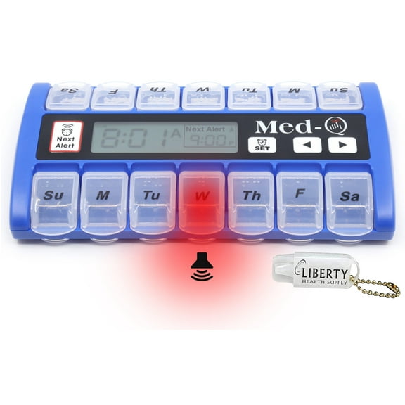 New MedQ Daily Pill Box Reminder with Flashing Light and Beeping Alarm includes Bonus Liberty Pill Keychain (Blue)