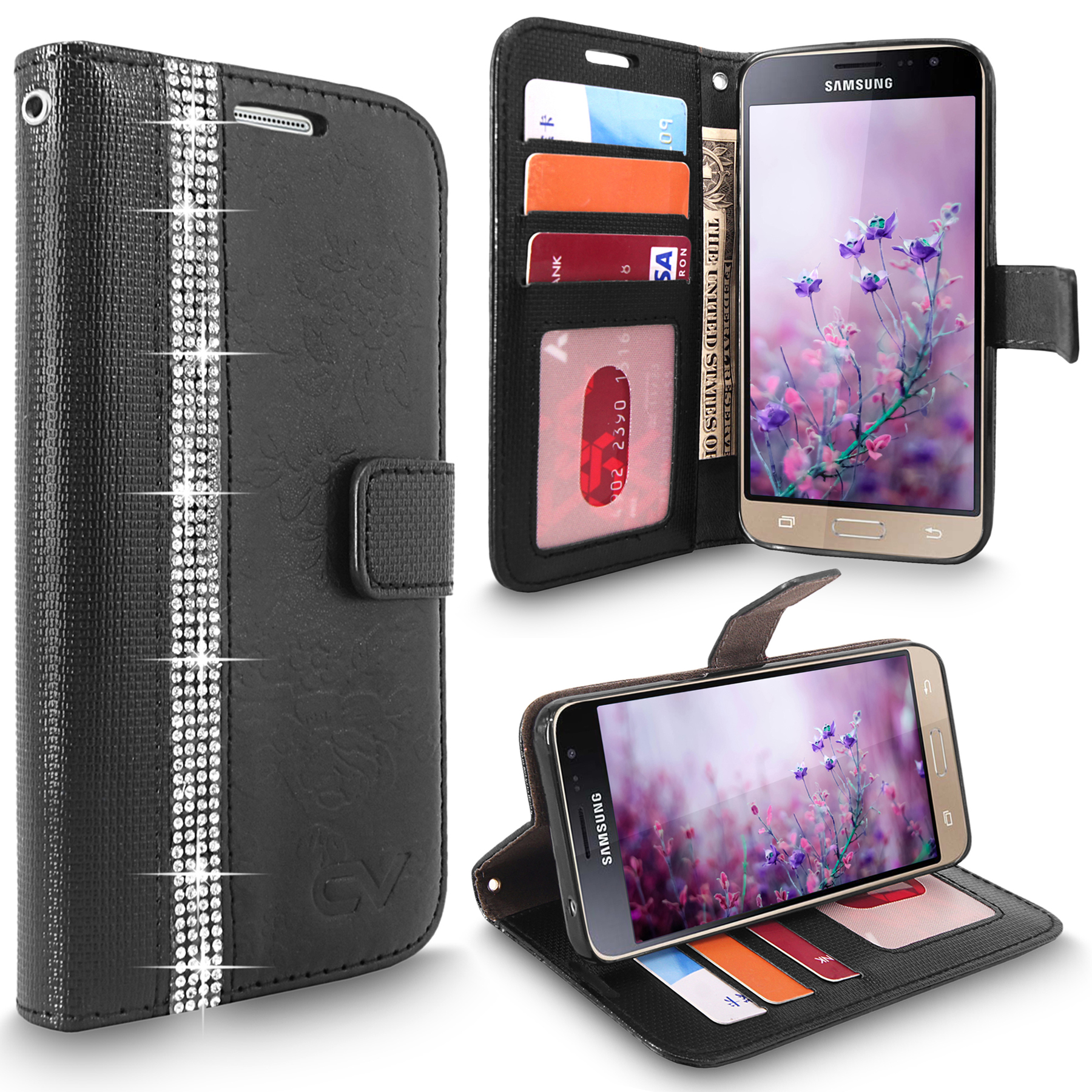 Galaxy J3 Case Cellularvilla Diamond Card Slots Embossed Flower Design Premium Pu Leather Wallet Case Flip Stand Cover For Samsung Galaxy J3 16 Amp Prime Express Prime Walmart Com Walmart Com