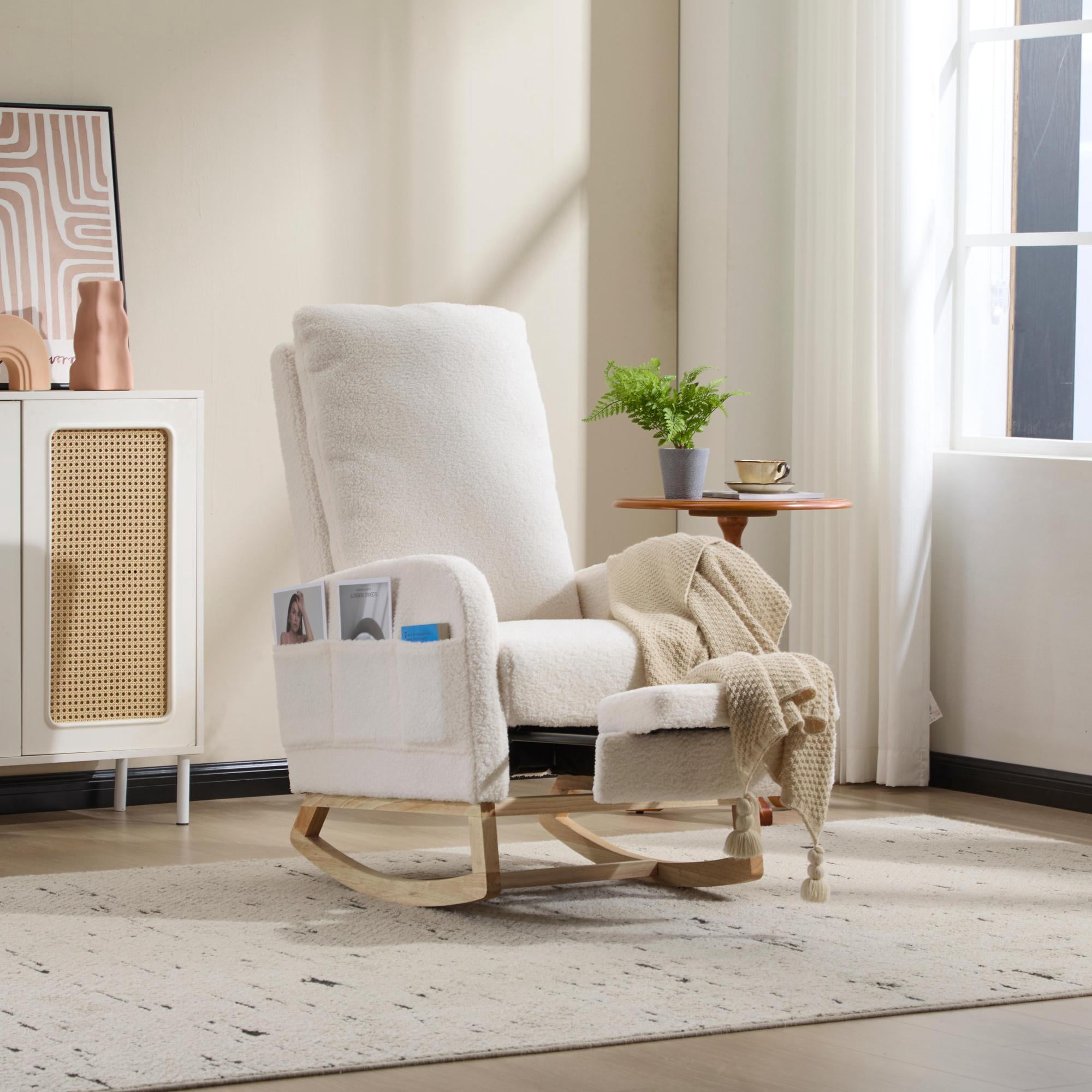 Leumius Rocking Chair Nursery with Footrest, Teddy Fleece Upholstered Glider Rocker Chairs w/ Curved Solid Wood Base & Side Pocket,Modern High Backrest Nursing Accent Rockers for Living Room, Bedroom