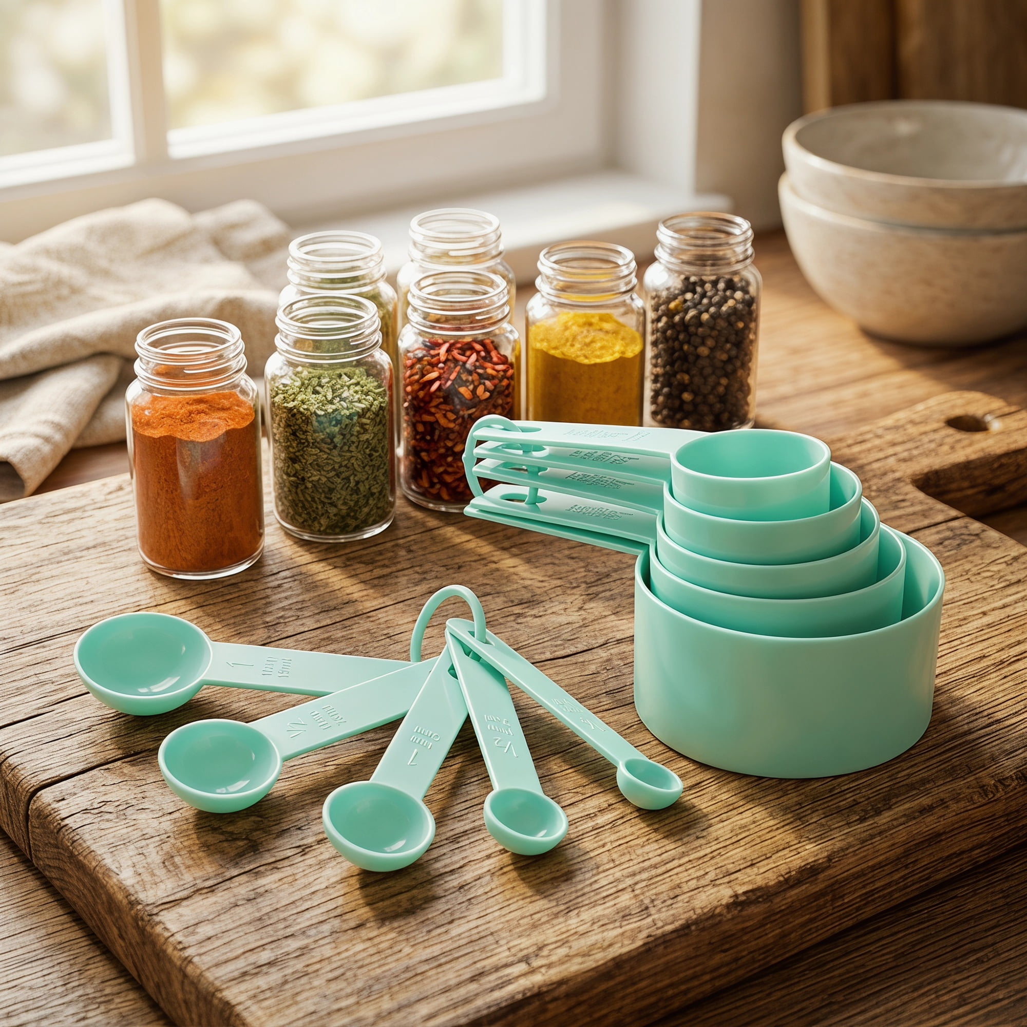Unique Bargains Plastic Measuring Cups Spoons Set with Clear Markings Green 10Pcs