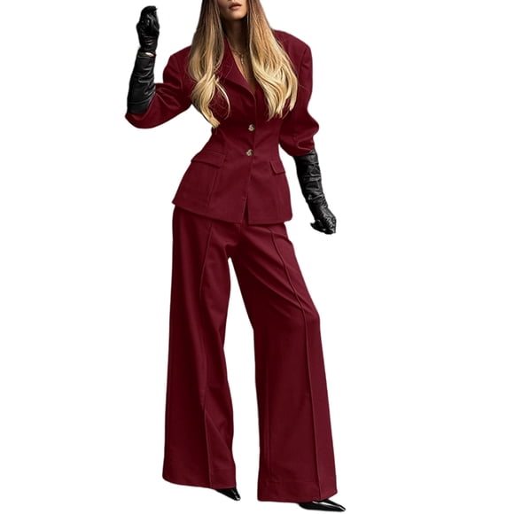 Women'S Business Casual 2 Piece Suit: Slim Fit Blazer and Wide-Leg Pants Set Wine Red S