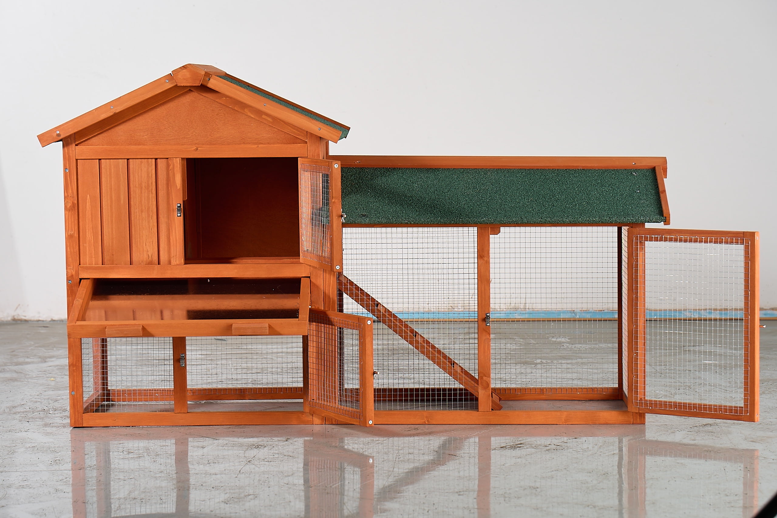 Noaman 2-Story Wooden Rabbit Hutch with Waterproof Roof, Pull-Out Tray & Ramp, 57.87x20.47x33.46in, Brown