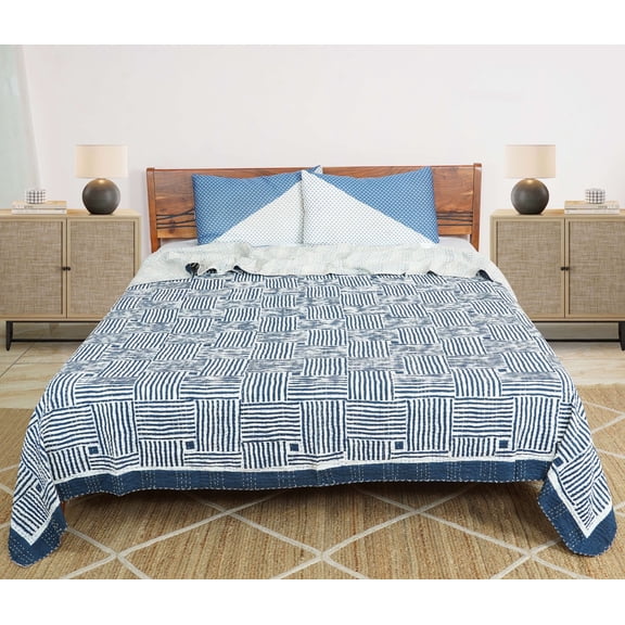 Dhaka International 100% Cotton Handmade Block Printed Bedspread | Lightweight Reversible Bed Cover for All Seasons - ( blue - 60x90 " Single / Twin Size )