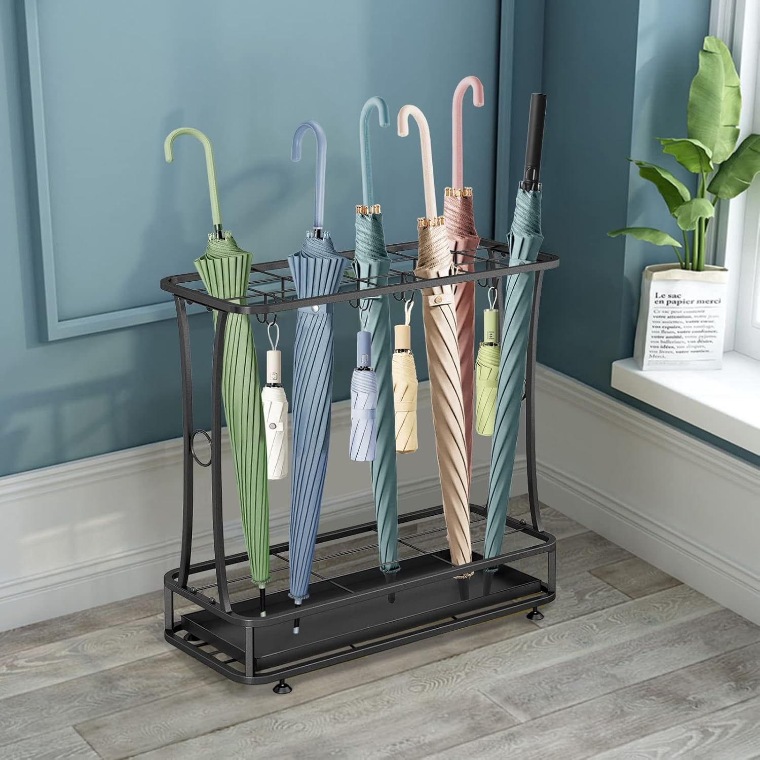 Metal Umbrella Holder Stand with Removable Drip Tray, Industrial Free Standing Umbrella Rack Organizer for Entryway Home Office Patio Decor