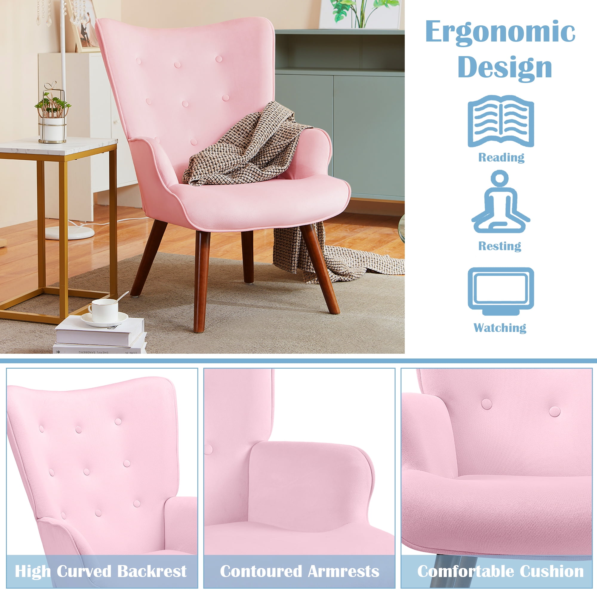 TrumanPick Modern Accent Chair, Velvet High Back Armchair with Solid Legs Sofa Chairs for Living Room Vanity Room, Pink