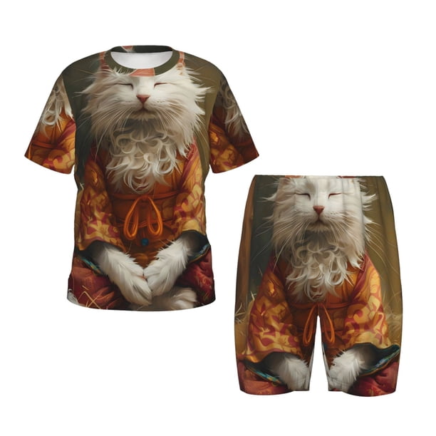 Balery Haystack Meditating Cat Conjunto de Pijama Infantil de Manga Corta con Estampado – Ropa de Dormir de Algodón Suave-XX-Large