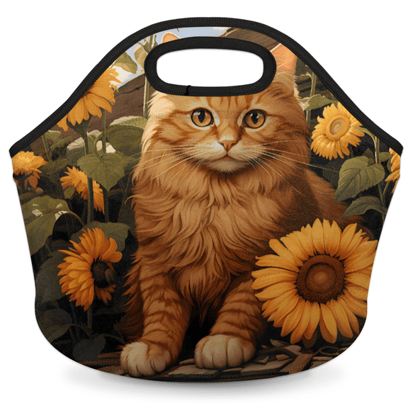 Herdesigns Yellow Cat Sunflower Insulated Neoprene Lunch Bag for Women Men Lunch Box Washable Reusable Lunch Tote Lightweight Lunch Handbag for Work Outdoor Picnic