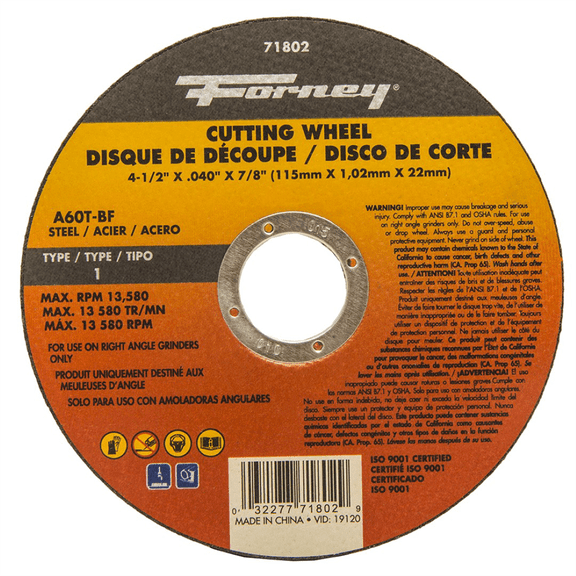 Forney Industries CUT-OFF WHEEL, METAL, TYPE 1 (FLAT), 4-1/2 IN X .040 IN X 7/8 IN