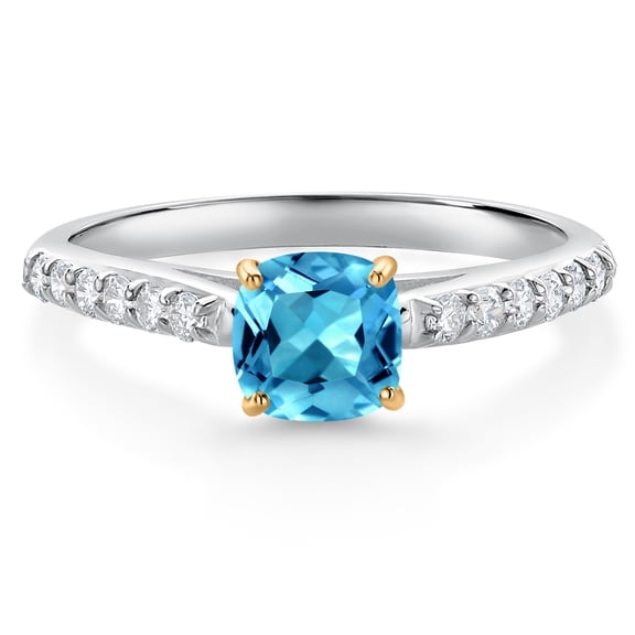 Gem Stone King 0.83 Ct Swiss Blue Topaz G/H Lab Grown Diamond 10K White and Yellow Gold Engagement Ring (Size 6)
