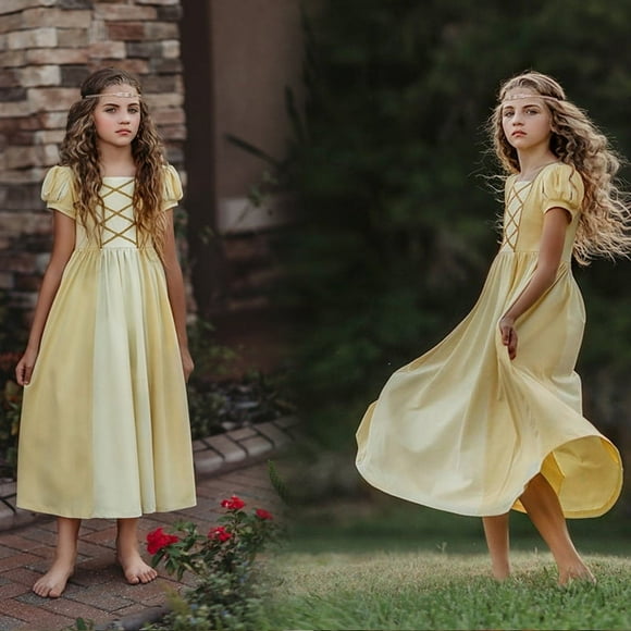 Robe d'Été de Princesse pour Fille à Manches Courtes en Coton Elsa Belle Déguisement d'Halloween pour 3-10 Ans