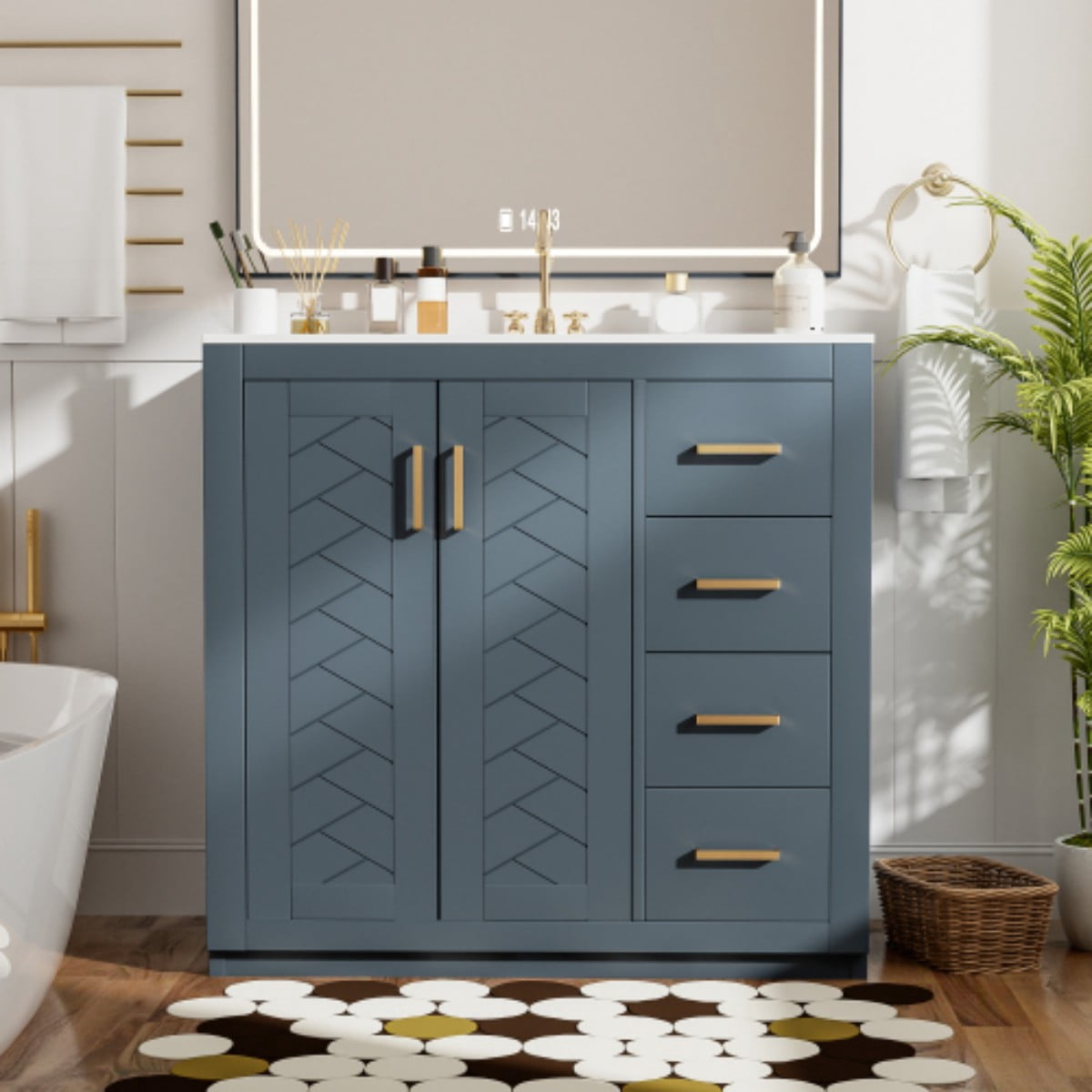 36" Bathroom Vanity with Ceramic Sink Combo, Freestanding Bathroom Vanity with 3 Drawers, 2 Doors, Solid Wood Frame, Blue