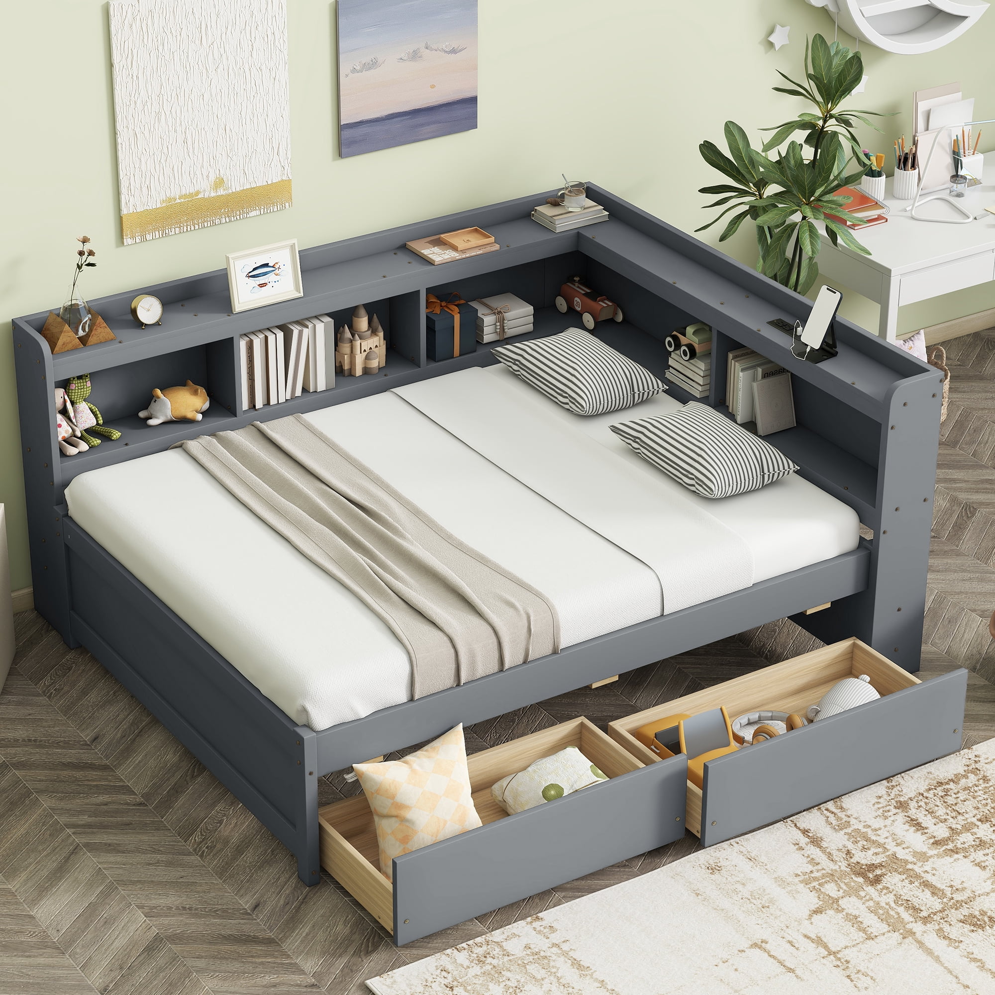 Sailvan Full Size L-shaped Bookcases Bed with Power Outlets, USB Charging Ports,Two Drawers