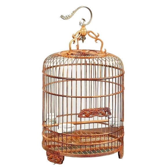 Vintage Wooden Birdcage with Carved Patterns Metal Pattern Hook Hangable Breathable Portable