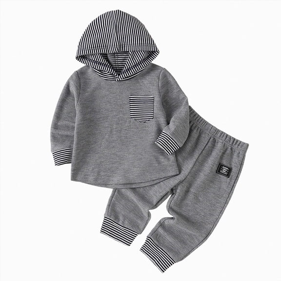 UAYOTSE Baby Boys Waffle Knit Hoodie Set Striped Patch Pocket Sweatshirt Jogger Pants Fall Winter Wear Size 6-9 Months