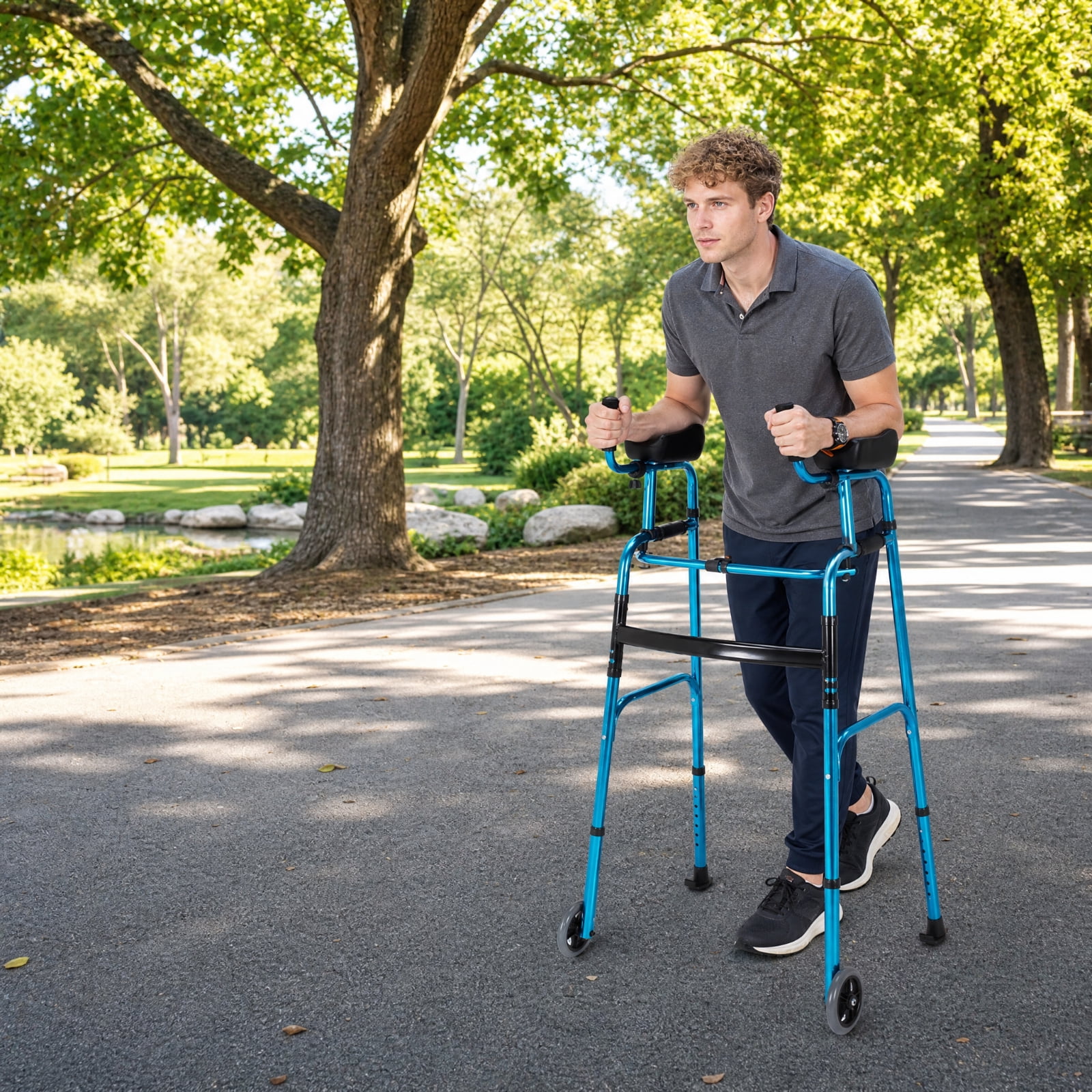 SUGIFT Folding Adjustable Walking Frame with Wheels and Armrest Support, Lightweight Aluminum Mobility Walker with Padded Forearm Rests for Seniors, Navy
