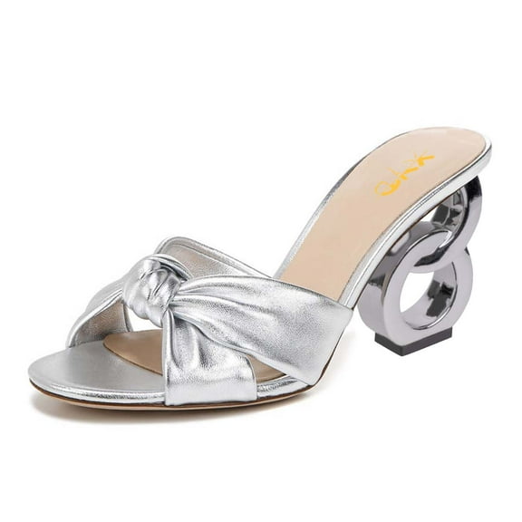 XYD Women Classic Bowknot Crossed Strap Mules Chain Heel Backless Open Toe Slides Sandals Casual Dressy Shoes Size 7 Silver