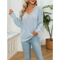 thumbnail image 5 of SHIBEVER Womens sweater Tops Long Sleeve V Neck Eyelet Business Casual 2024 Blouses Smocked Puff Fall knitwear clothes BLue, 5 of 5