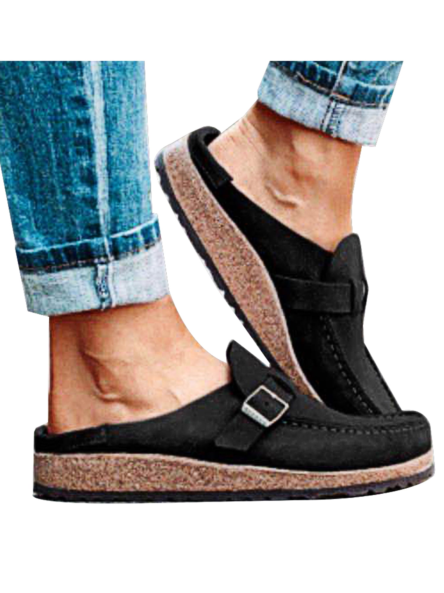 Womens Walking Buckle Summer Casual Flat Comfort Slip-On Platform Shoes ...