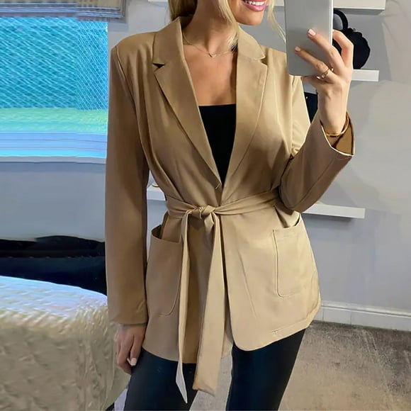 Qertyioot Women's Open Front Cardigan Women Business Attire Solid Color Long Sleeve Top Jacket Coat With Pocket And Belt