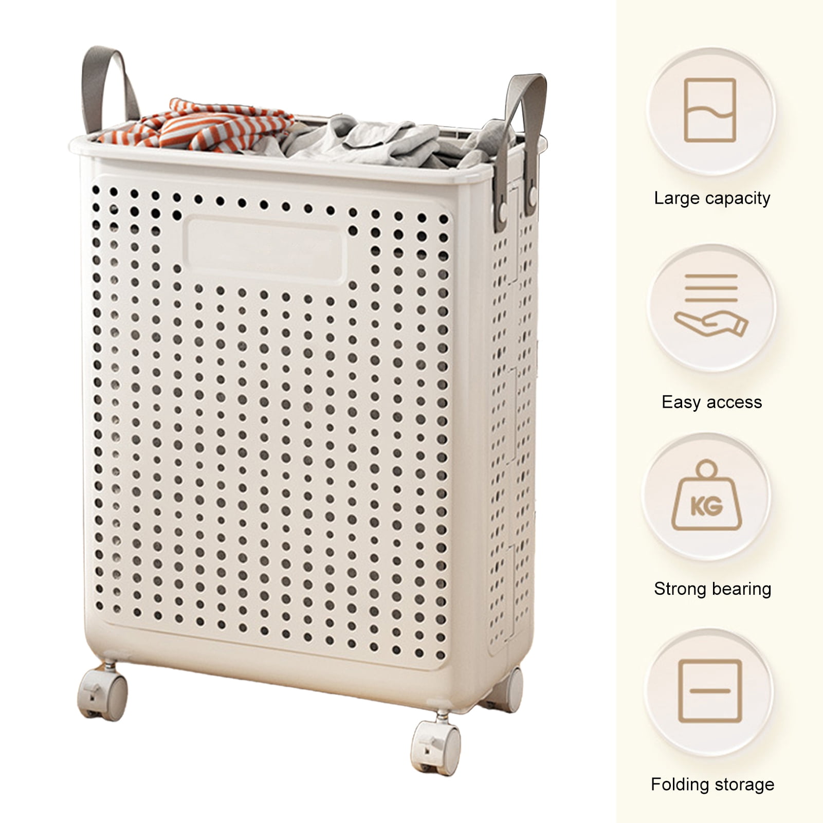 Sioweci Laundry Basket,Large Capacity Dirty Clothes Hamper Laundry Basket with Wheels and Breathable Mesh Holes,Handle Design Waterproof,White,15" x 8.7" x 17.9",1 Pc