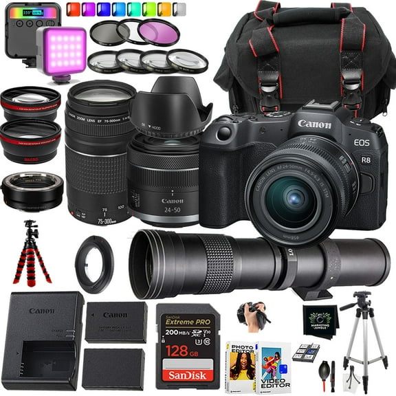 Canon EOS R8 Mirrorless Camera   Canon RF 24-50mm f/4.5-6.3 is STM Lens   EF 75-300mm f/4-5.6 III   420-800mm f/8.3 (Manual)   Camera Case (23 Piece Bundle)