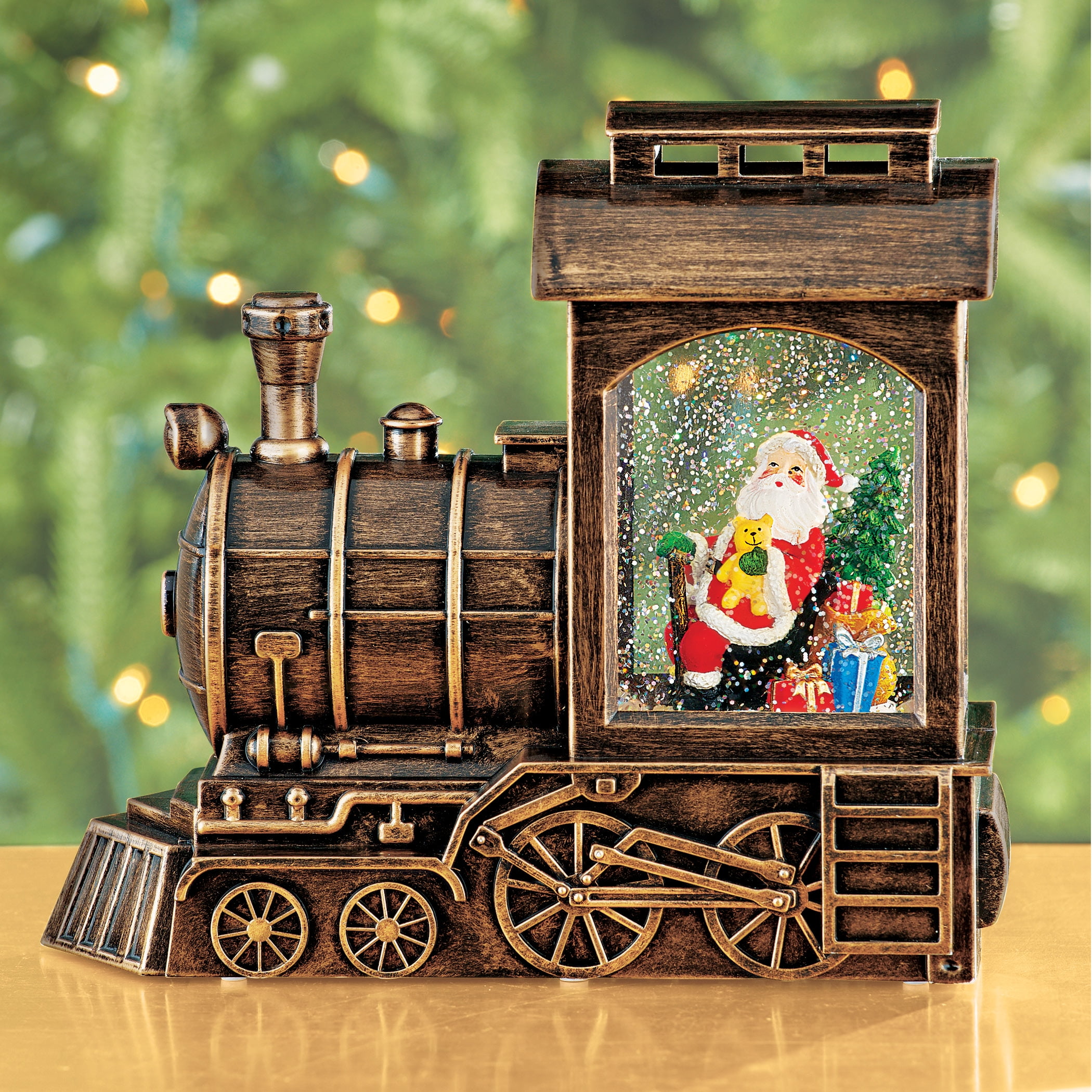 Lighted Santa Train Engine Snow Globe Tabletop Decoration with Bronze