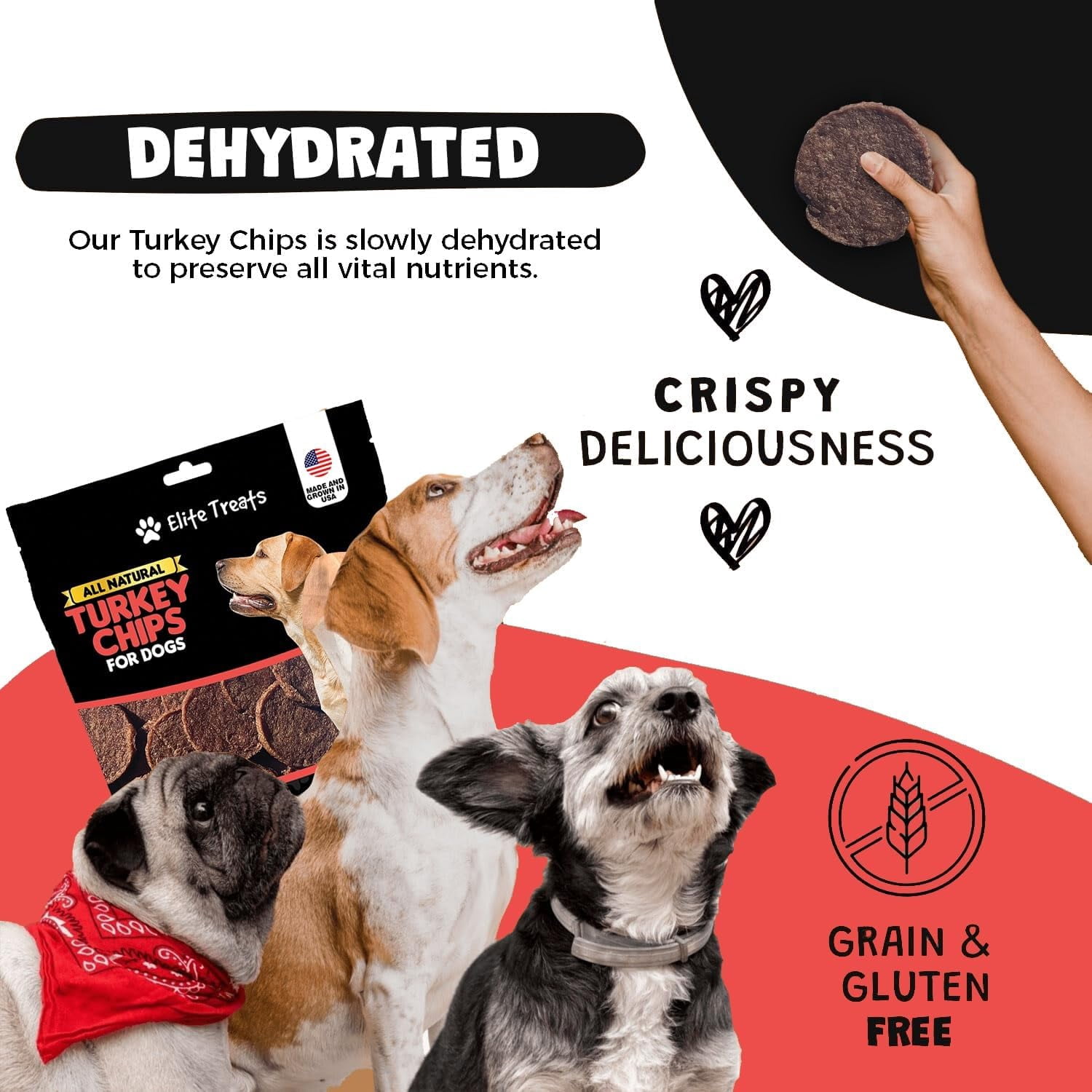 Turkey Chips for Dogs 12 oz, Dehydrated Turkey Chip Treats, All Natural, Single Ingredient, Healthy Treats, Made in USA, for Small, Medium & Large Dogs, 12 oz.