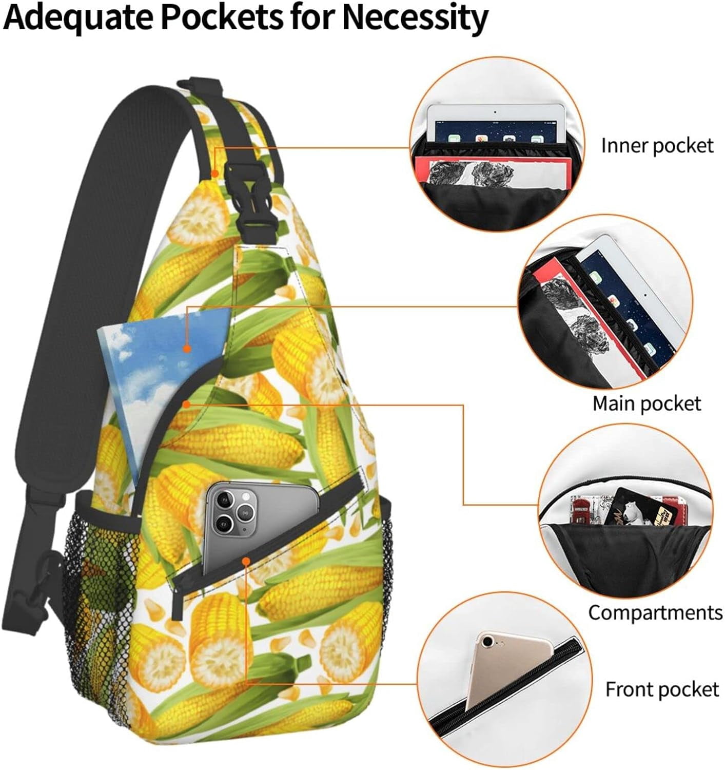 Corn Pattern Sling Bag Crossbody Hiking Travel Chest Bags Backpack Shoulder Daypack for Women Men