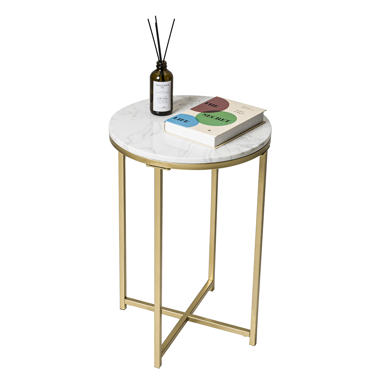 Hawoo Gold Round End Table with White Marble Top, Metal Crossed Legs