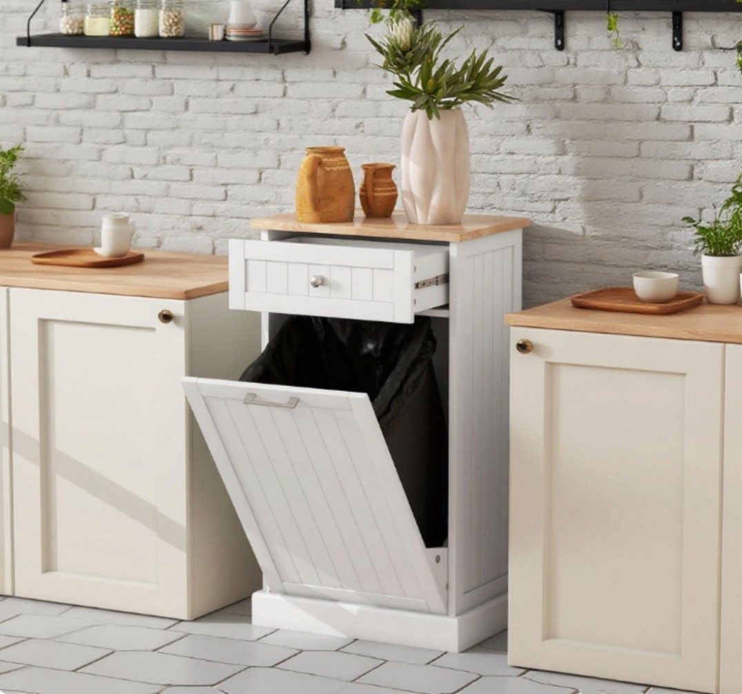 Kitchen Hidden Bin Cabinet, Tilt Out Trash Cabinet with Drawer, Freestanding Garbage Can Holder, Recycling Bin Storage, Pet Proof Design, Cream White