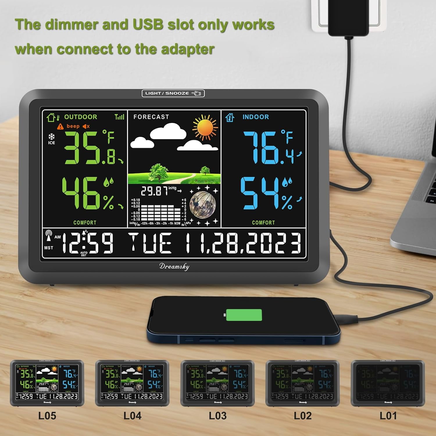 Weather Station Indoor Outdoor Thermometer Wireless with Digital Atomic Clock for Home, Large Display with Adjustable Backlight, USB Port, Inside Outside Temperature Humidity Monitor