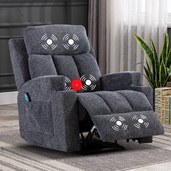 Ebello Heated Manual Massage Recliner with Cup Holder Padded Breathable Fabric Recliner, Home Theater Seating，Navy