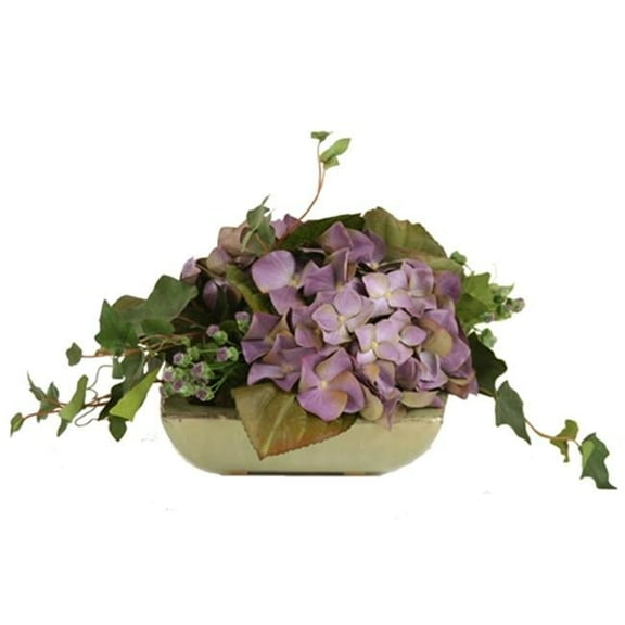 Distinctive Designs International  7446 Silk Purple-Blue Hydrangeas And Groundsel With Mountain Ivy In A Small Square Tray