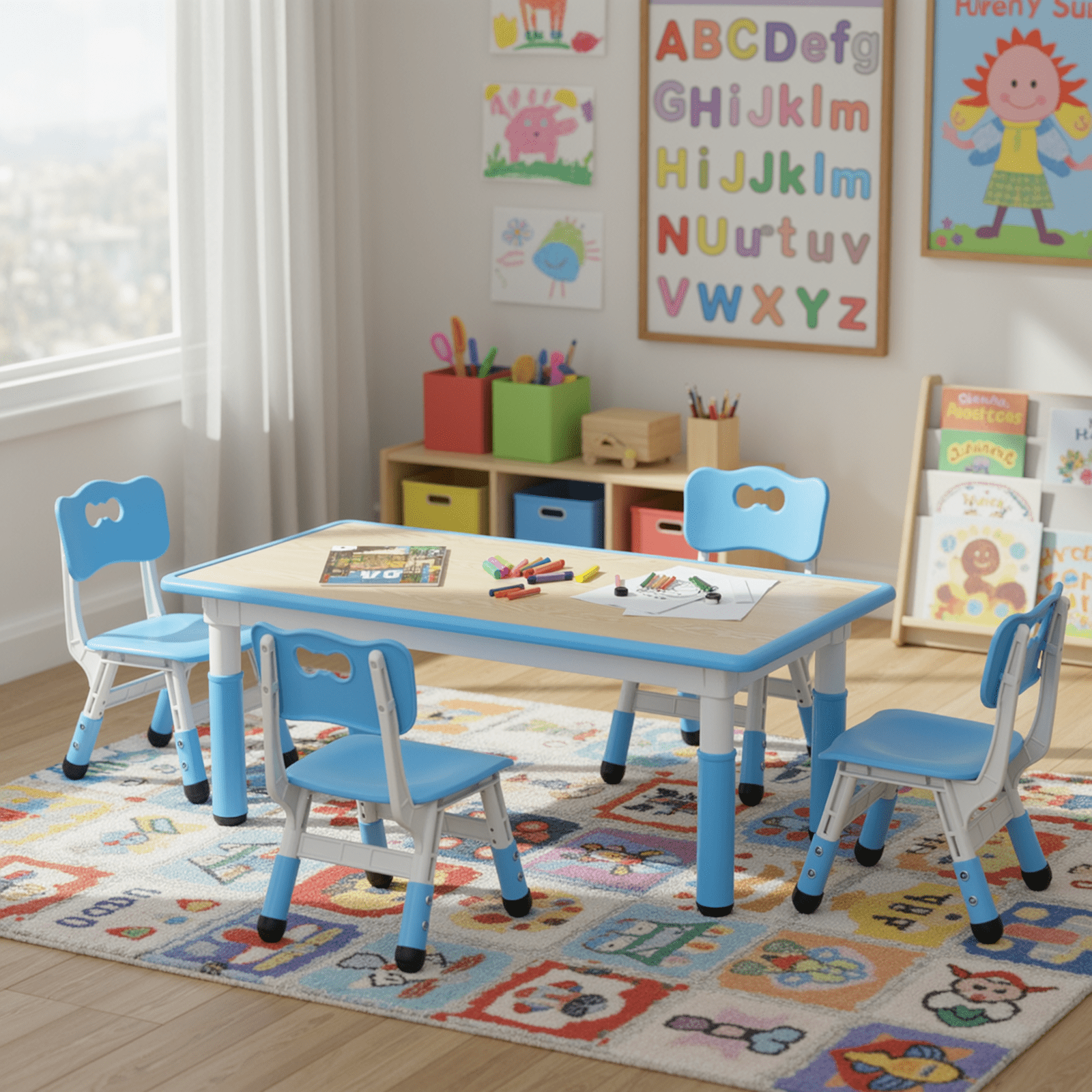 TLSUNNY Kids Table and 4 Chairs, Adjustable Height Childrens Activity Set with Graffiti Desktop & Anti-Slip Legs,  for Daycare Classroom Home