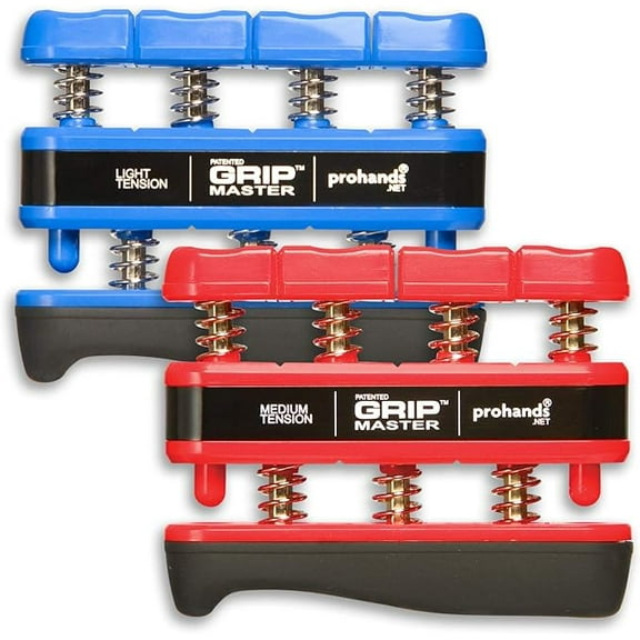 PROHANDS Gripmaster Hand Exerciser, Finger Exerciser (Hand Grip Strengthener), Spring-Loaded, Finger-Piston System, Isolate and Exercise Each Finger, (Set of 2) (Blue, Red)