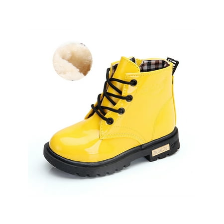 

Harsuny Girls Boys Ankle Boot Side Zipper Combat Boots Lace Up Short Bootie Hiking Winter Warm Casual Booties Patent Leather Yellow with Plush Lined 1Y