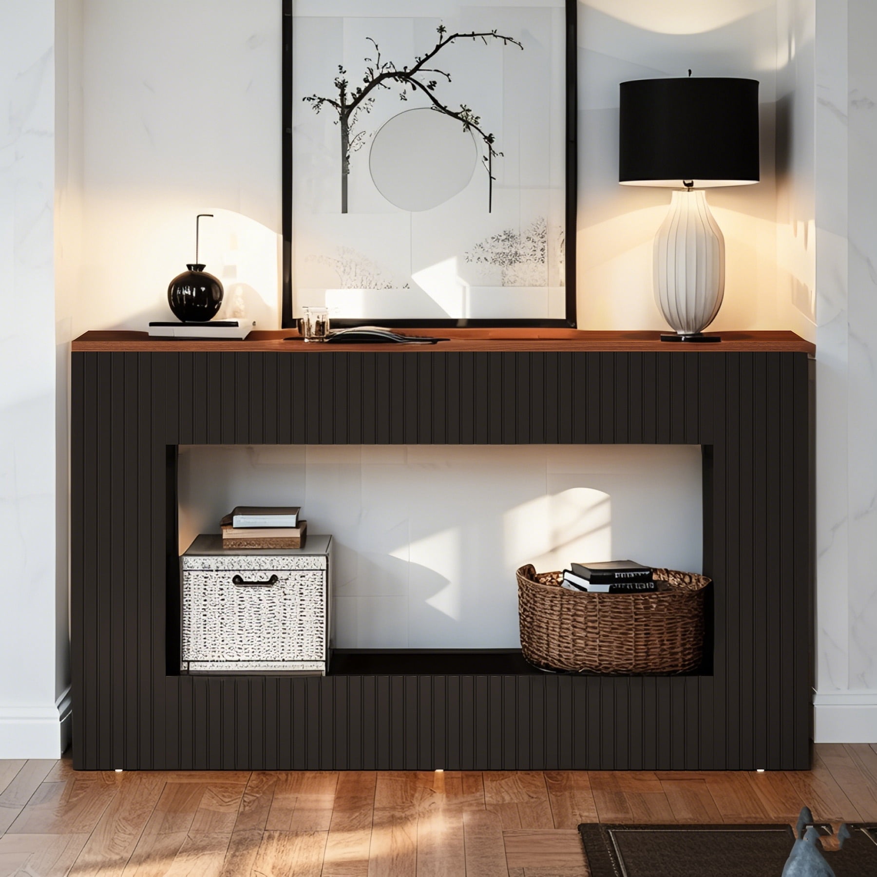 55" Wood Console Table with Storage, Modern Entryway Sofa Table for Living Room & Foyer, Black