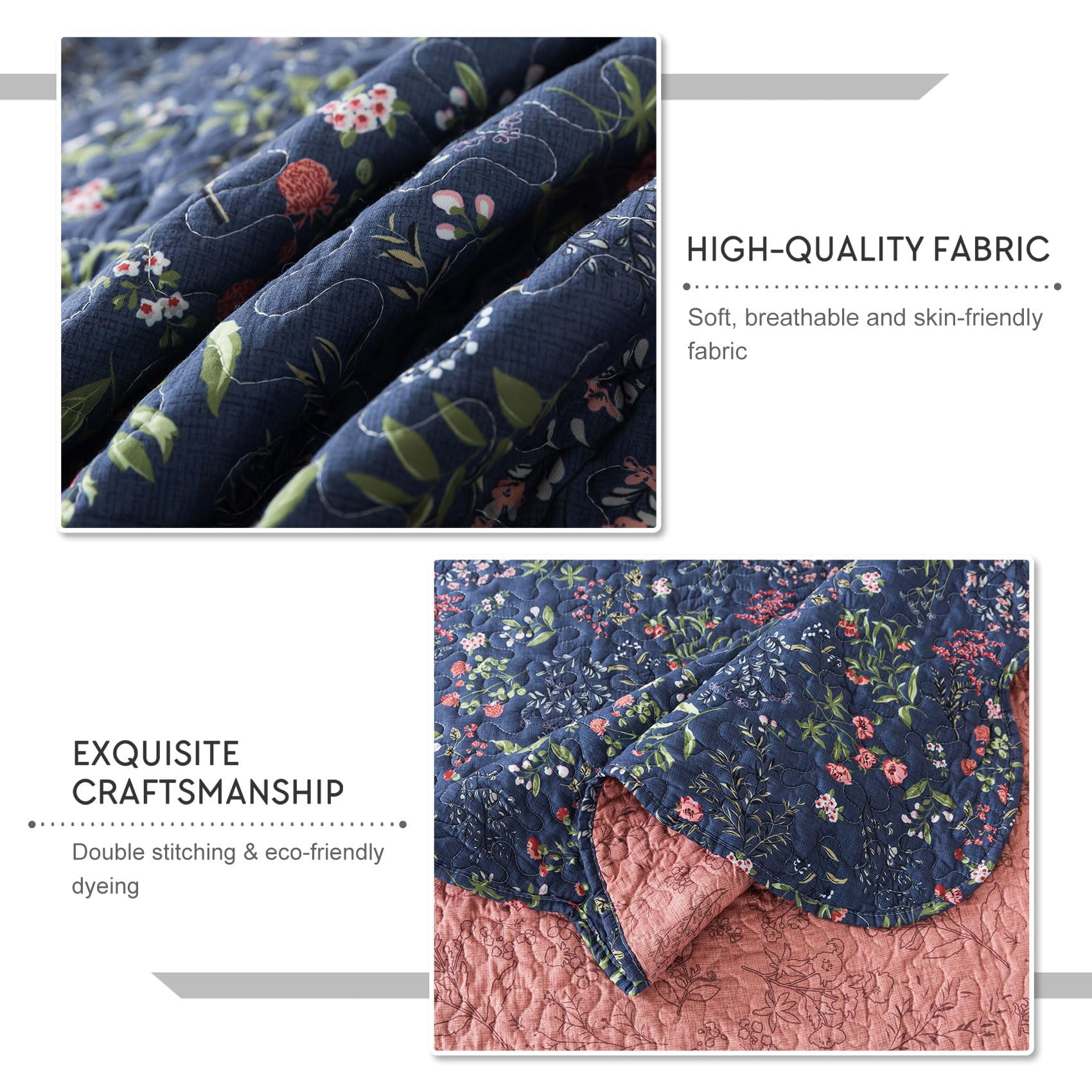 HoneiLife Quilts Queen Size - 3 Piece Microfiber Quilt set Reversible Bedspreads Patchwork Coverlets Floral Bedding Set All Season, Navy Blue