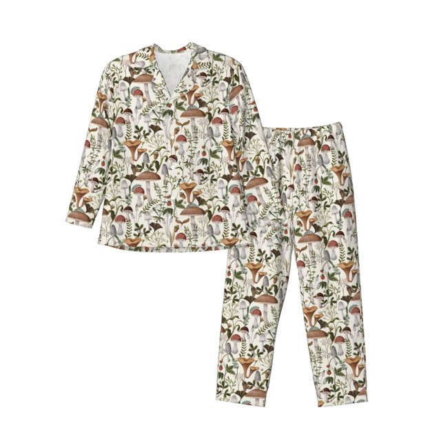 Balery Mushroom Garnish Pijama para Hombre de Dos Piezas con Manga Larga, Conjunto de Dormir y Descanso Suave con Bolsillos-Small