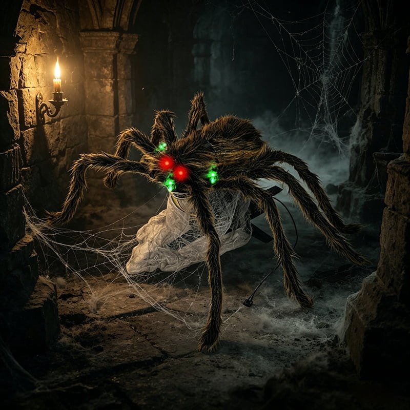 Halloween Animated Jumping Spider Decoration, Scary Electric Bouncing Spider with Sound and Light Effects, Realistic Plush Spider Prop for Haunted Houses, Parties, Yards, and Indoor/Outdoor Decor
