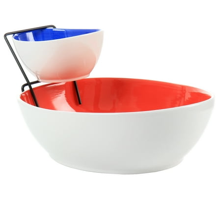 

Gibson Home Crenshaw 3 Piece Hand Painted Stoneware Chip and Dip Set with Metal Rack