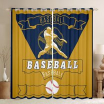 Homewish Baseball Game Gaming Curtains Pack of 2 (42x84 Each),Ball Sport Theme Curtains Blackout,Gold Deepblue Bedroom Curtains For Teens,Luxury Bedroom Decor